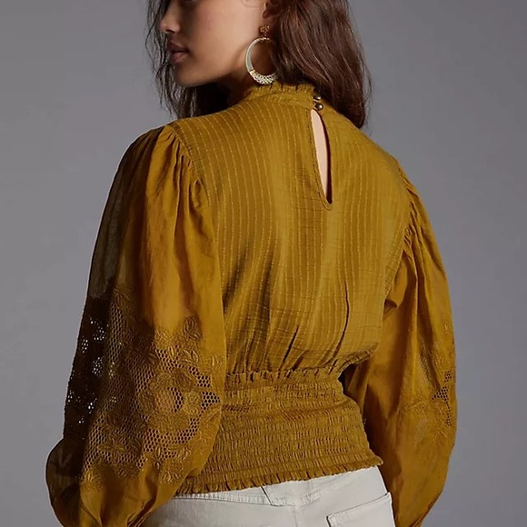 Anthropologie Olive Lace-Inset Balloon Sleeve Blouse - Picture 2 of 10